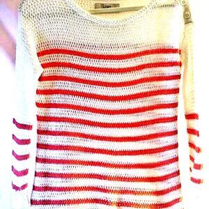Ann Taylor Loft Open Knit 3/4 Sleeve White Red/ Striped Sweater Sz S